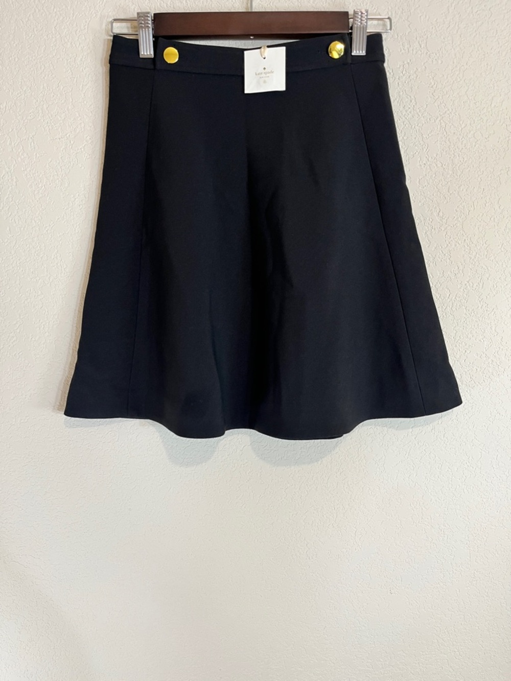 NWT Kate Spade Crepe Military Skirt Black A-Line Preppy Gold Button Accent SZ 00